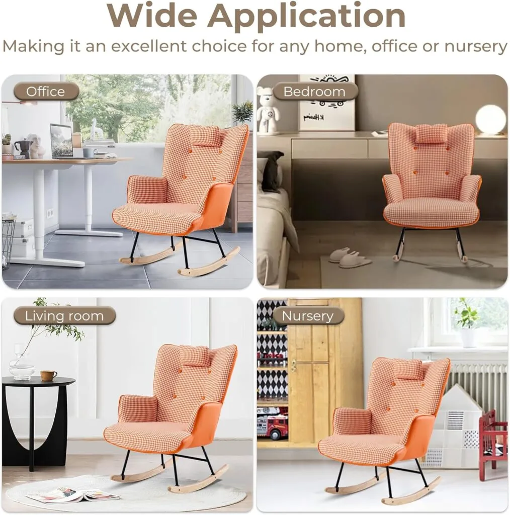 Unovivy Rocking Chair Nursery, Linen Leather Nursing Armchair with Wooden Base, Baby Glider Rocker with High Backrest Headrest, Comfy Gliding Seat for Living Room, Bedroom, Office Unovivy Rocking Chair Nursery, Linen Leather Nursing Armchair with Wooden Base, Baby Glider Rocker with High Backrest Headrest, Comfy Gliding Seat for Living Room, Bedroom, Office