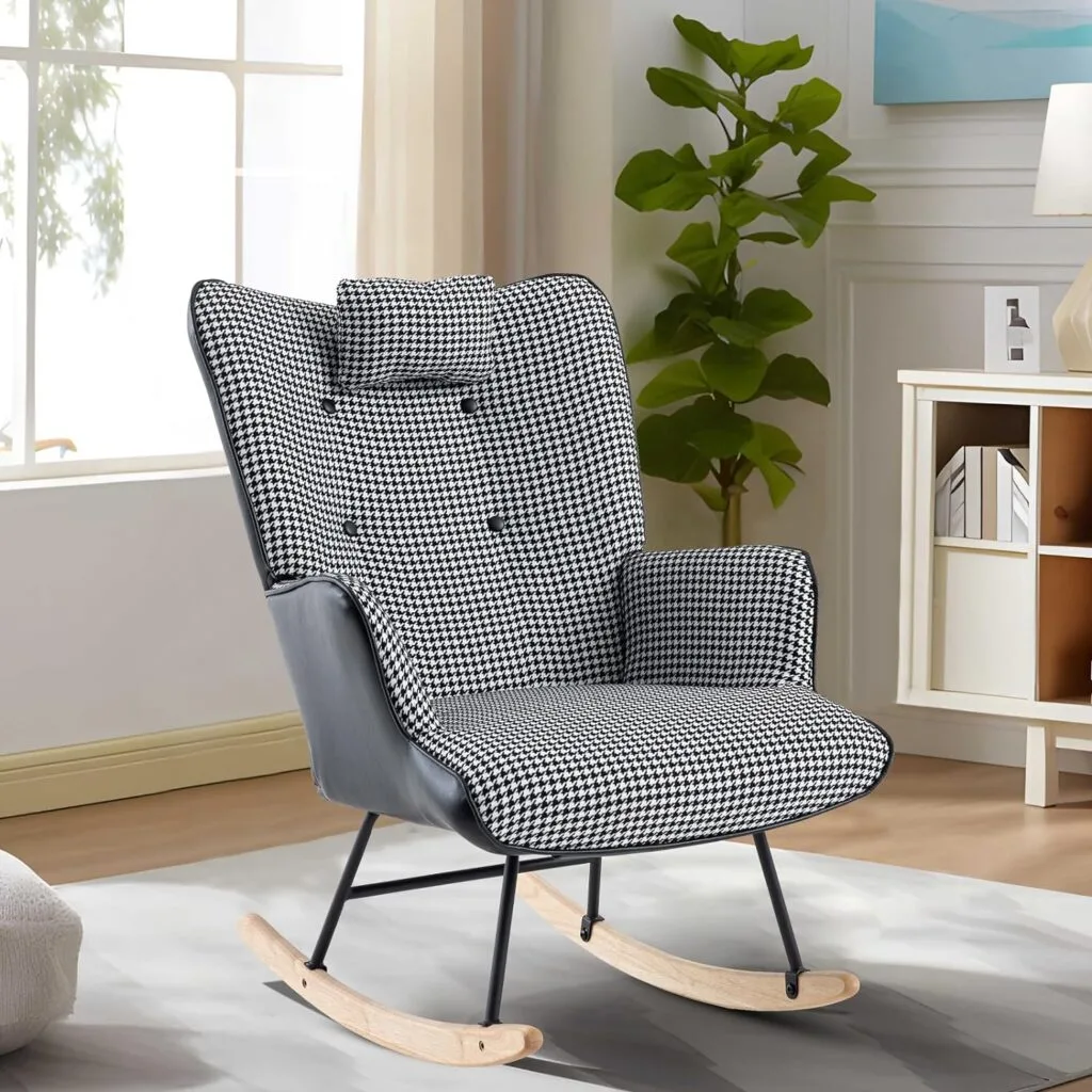 Unovivy Rocking Chair Nursery, Linen Leather Nursing Armchair with Wooden Base, Baby Glider Rocker with High Backrest Headrest, Comfy Gliding Seat for Living Room, Bedroom, Office Unovivy Rocking Chair Nursery, Linen Leather Nursing Armchair with Wooden Base, Baby Glider Rocker with High Backrest Headrest, Comfy Gliding Seat for Living Room, Bedroom, Office