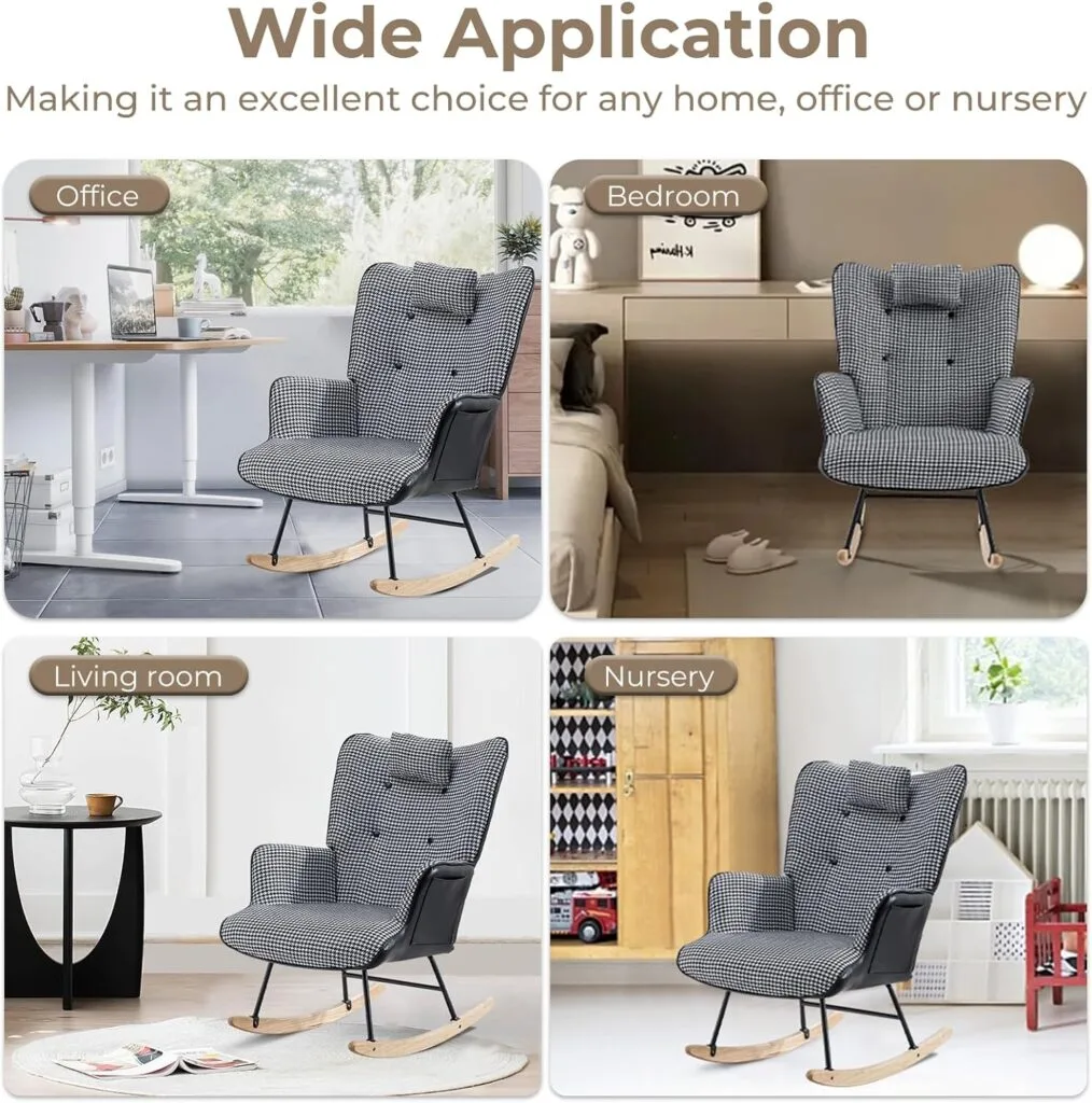 Unovivy Rocking Chair Nursery, Linen Leather Nursing Armchair with Wooden Base, Baby Glider Rocker with High Backrest Headrest, Comfy Gliding Seat for Living Room, Bedroom, Office Unovivy Rocking Chair Nursery, Linen Leather Nursing Armchair with Wooden Base, Baby Glider Rocker with High Backrest Headrest, Comfy Gliding Seat for Living Room, Bedroom, Office