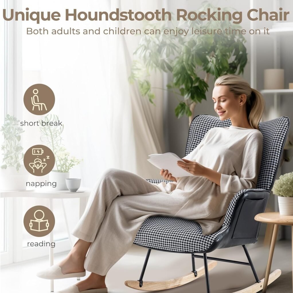 Unovivy Rocking Chair Nursery, Linen Leather Nursing Armchair with Wooden Base, Baby Glider Rocker with High Backrest  Headrest, Comfy Gliding Seat for Living Room, Bedroom, Office