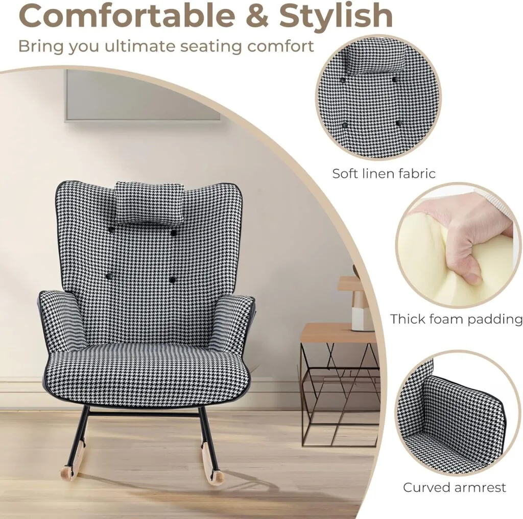 Unovivy Rocking Chair Nursery, Linen Leather Nursing Armchair with Wooden Base, Baby Glider Rocker with High Backrest Headrest, Comfy Gliding Seat for Living Room, Bedroom, Office Unovivy Rocking Chair Nursery, Linen Leather Nursing Armchair with Wooden Base, Baby Glider Rocker with High Backrest Headrest, Comfy Gliding Seat for Living Room, Bedroom, Office