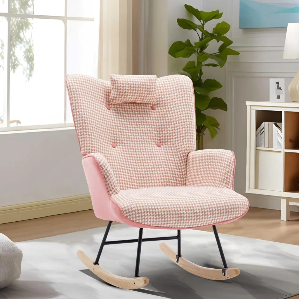 Unovivy Rocking Chair Nursery, Linen Leather Nursing Armchair with Wooden Base, Baby Glider Rocker with High Backrest Headrest, Comfy Gliding Seat for Living Room, Bedroom, Office Unovivy Rocking Chair Nursery, Linen Leather Nursing Armchair with Wooden Base, Baby Glider Rocker with High Backrest Headrest, Comfy Gliding Seat for Living Room, Bedroom, Office