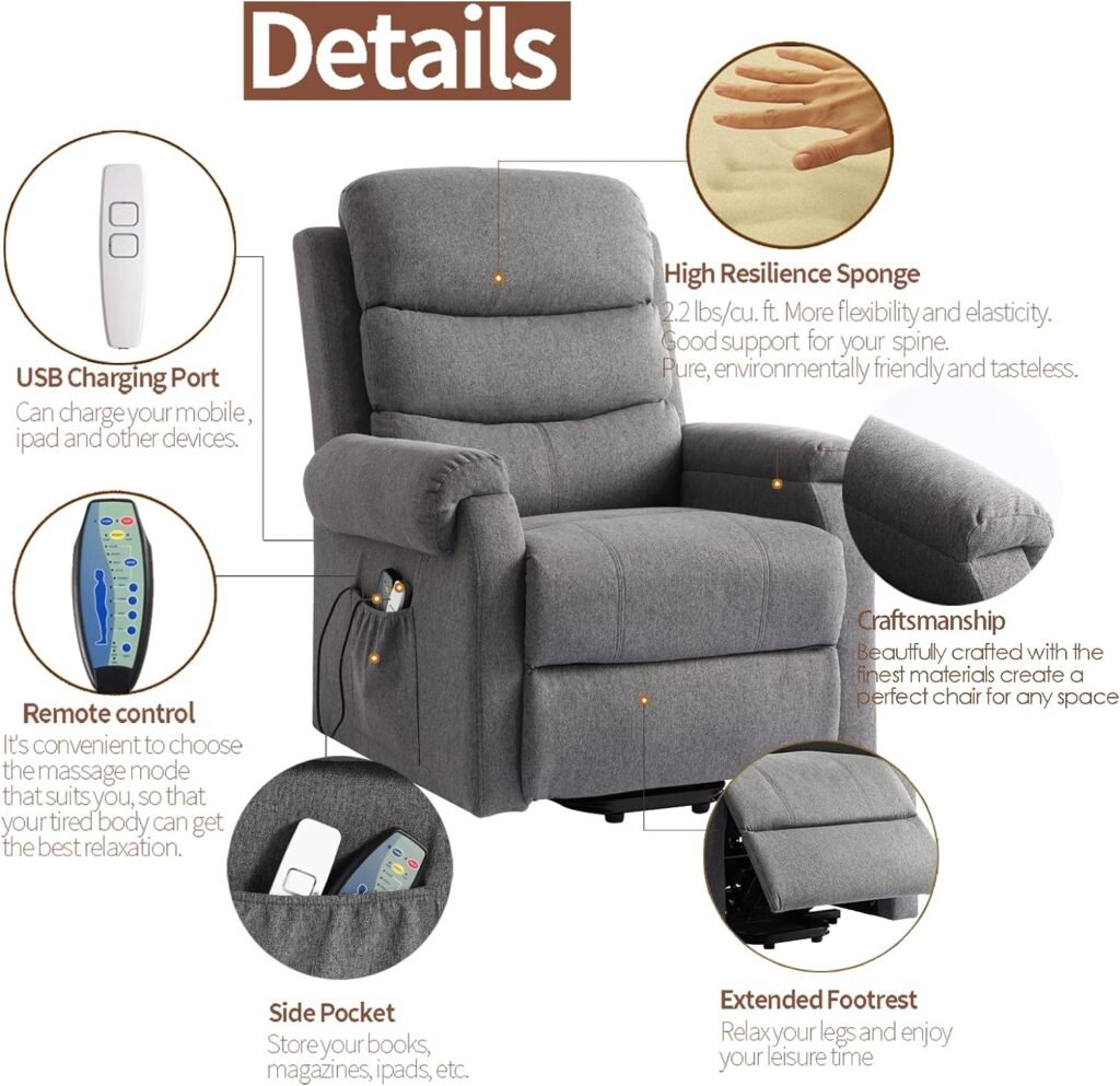 URRED Power Lift Recliner Chair for Elderly, Electric Recliners Massage Chair with Heat for Adult, Velvet Fabric Massage Recliner Sofa Chair with Lumbar Pillow, Side Pockets, USB Ports (Grey)