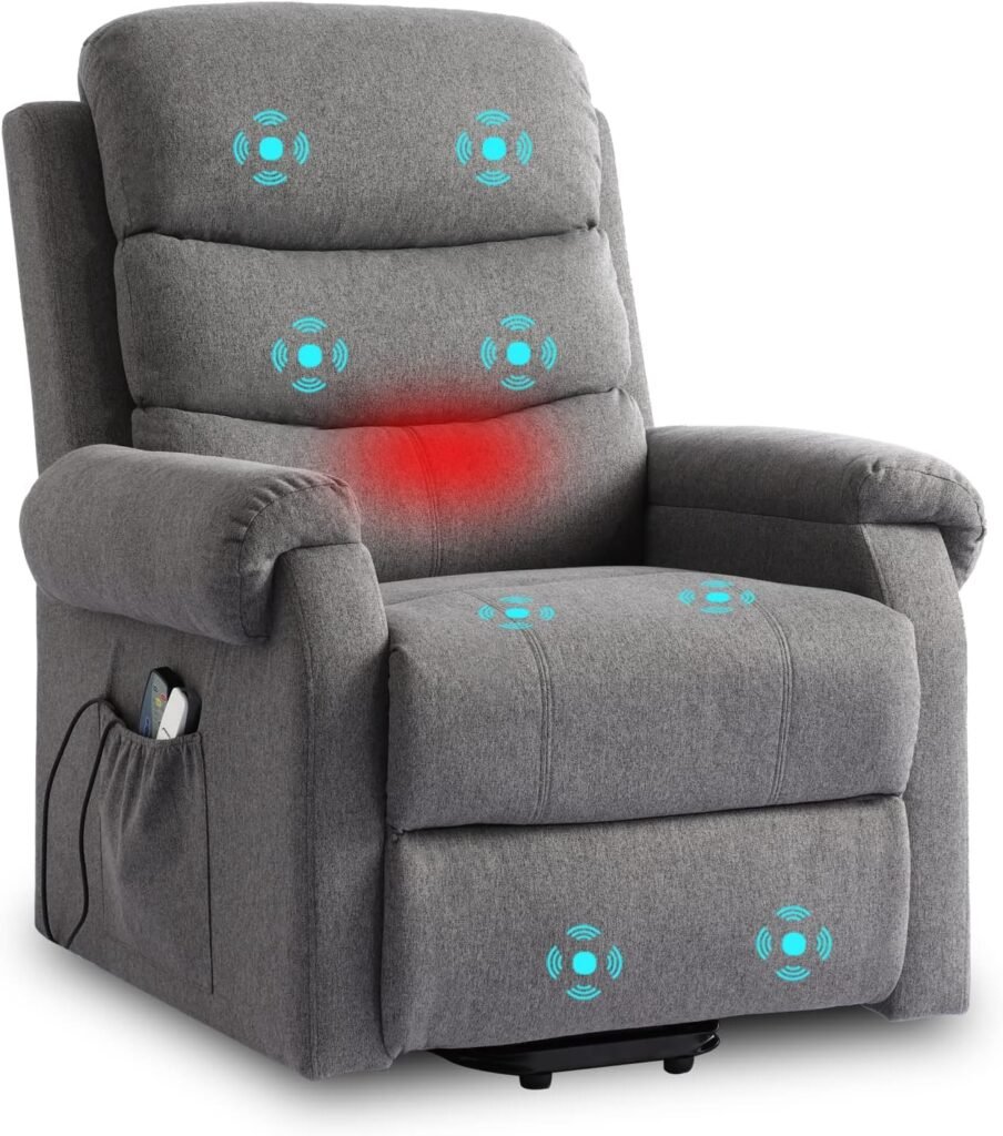 URRED Power Lift Recliner Chair for Elderly, Electric Recliners Massage Chair with Heat for Adult, Velvet Fabric Massage Recliner Sofa Chair with Lumbar Pillow, Side Pockets, USB Ports (Grey)