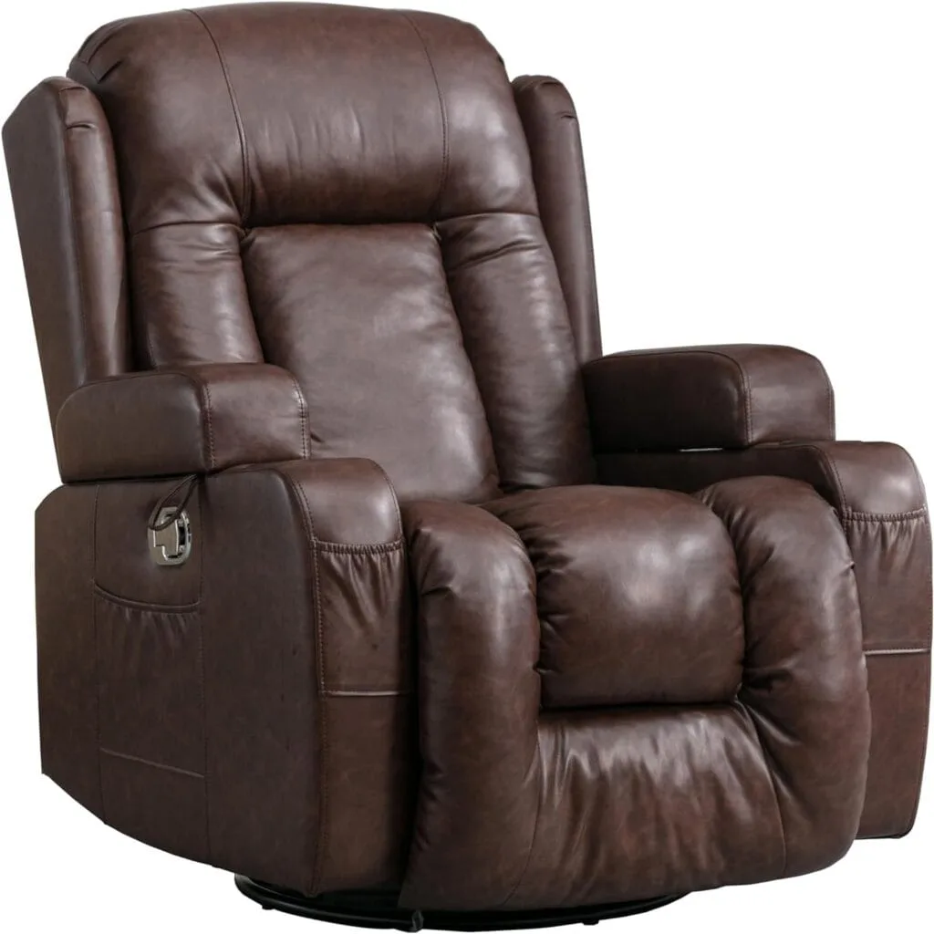 URRED Swivel Rocker Recliner Chairs with Massage for Living Room with Cup Holders/Lumbar Pillow/Side Pockets/Front Pockets/Wing Back (Brown, Single)