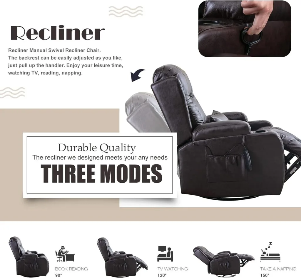 URRED Swivel Rocker Recliner Chairs with Massage for Living Room with Cup Holders/Lumbar Pillow/Side Pockets/Front Pockets/Wing Back (Brown, Single)