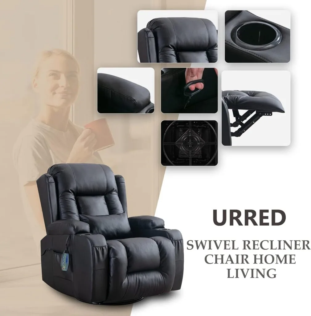 URRED Swivel Rocker Recliner Chairs with Massage for Living Room with Cup Holders/Lumbar Pillow/Side Pockets/Front Pockets/Wing Back (Brown, Single)