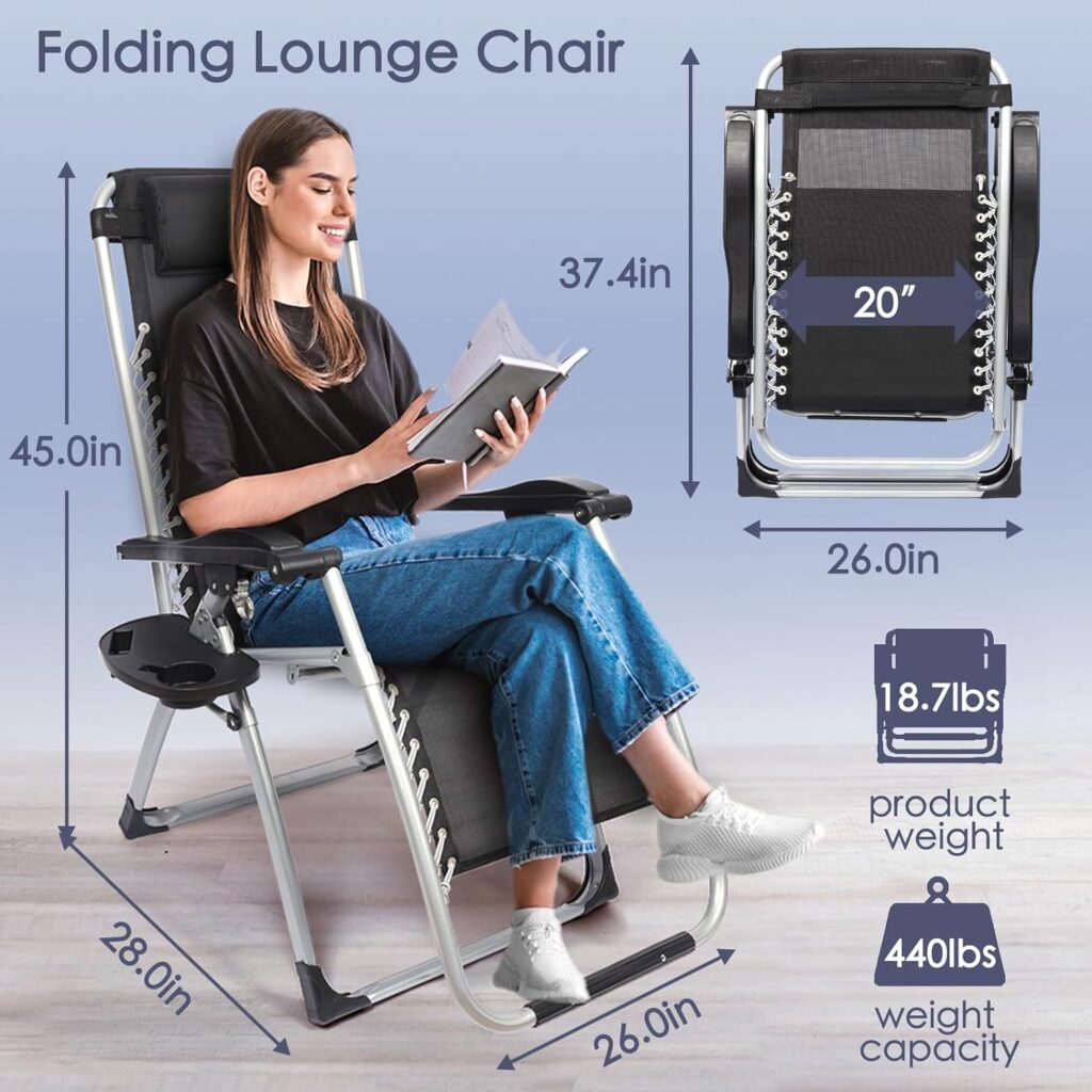 USUKO Zero Gravity Chair, Folding Lounge Chairs Patio Reclining Chair with Removable Cushion, Outdoor Folding Adjustable Recliner with Cup Holder