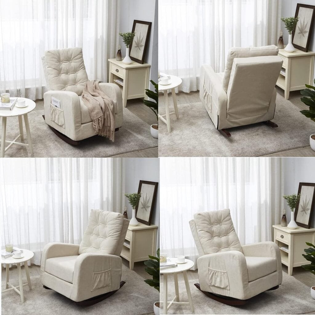 USUWE Rocking Chair for Nursery, Glider Rocker with Side Pocket, Comfy Armchair with Tall Backrest and Double Layer Cushion Recliner Baby Nursery Rocking Chair for Living Room, Bedroom (Beige)