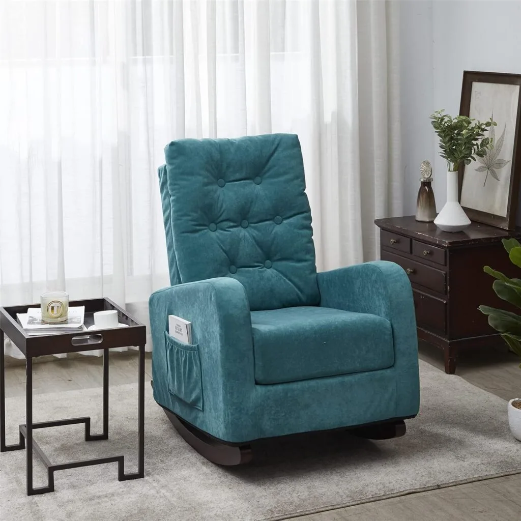 USUWE Rocking Chair for Nursery, Glider Rocker with Side Pocket, Comfy Armchair with Tall Backrest and Double Layer Cushion Recliner Baby Nursery Rocking Chair for Living Room, Bedroom (Beige) USUWE Rocking Chair for Nursery, Glider Rocker with Side Pocket, Comfy Armchair with Tall Backrest and Double Layer Cushion Recliner Baby Nursery Rocking Chair for Living Room, Bedroom (Beige)