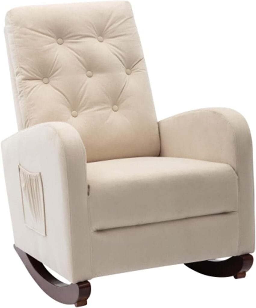 USUWE Rocking Chair for Nursery, Glider Rocker with Side Pocket, Comfy Armchair with Tall Backrest and Double Layer Cushion Recliner Baby Nursery Rocking Chair for Living Room, Bedroom (Beige)