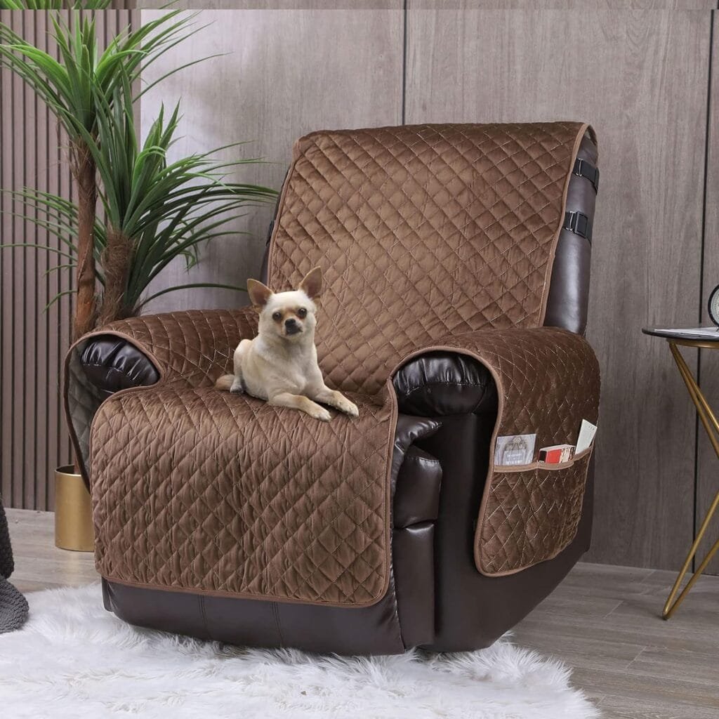 Velvet Recliner Covers Non Slip Waterproof Large Recliner Chair Covers for Leather Chairs Reversible Recliner Sofa Cover for Living Room Recliner Furniture Protectors Covers for Dog Pets Brown 28