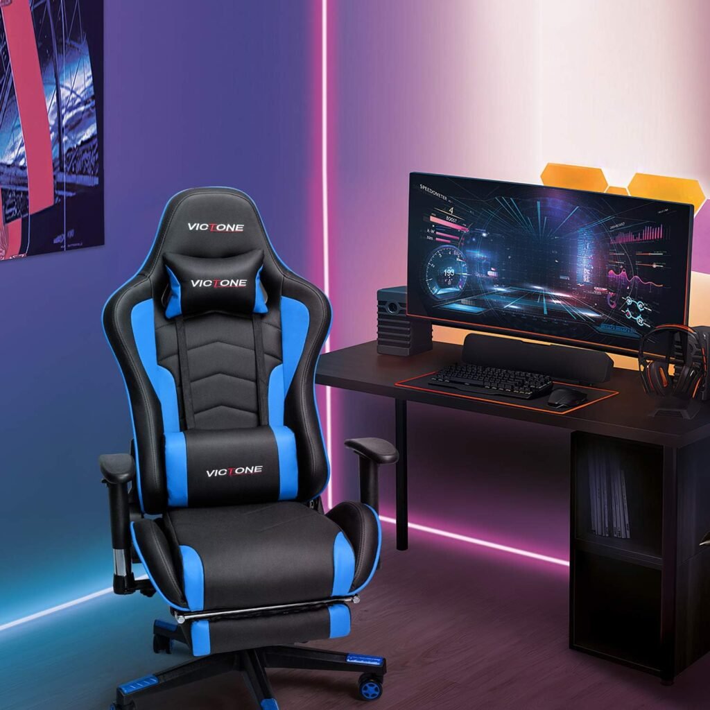 VICTONE Gaming Chair with Footrest Racing Style Computer Chair Video PC Game Chair Large Heavy Duty Ergonomic Computer Office Chair with 3D Adjustable Armrest and Headrest (Blue)