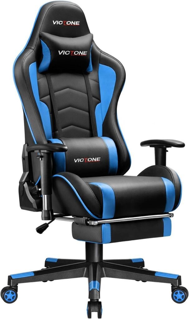 VICTONE Gaming Chair with Footrest Racing Style Computer Chair Video PC Game Chair Large Heavy Duty Ergonomic Computer Office Chair with 3D Adjustable Armrest and Headrest (Blue)