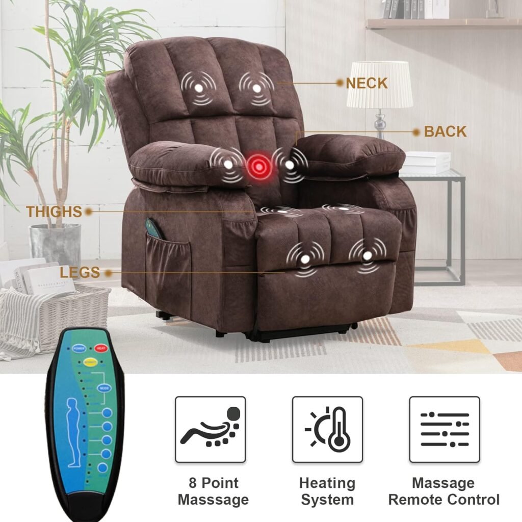 VON RACER Power Lift Recliner Chairs with Heat and Massage Lift Chair Recliners for Elderly with 2 Side Pocket, USB Port Remote Control, Adjustable Furniture, Brown