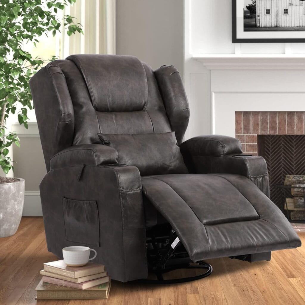 VUYUYU Manual Recliner Chair, Faux Leather 360 Degree Swivel Rocker Recliner Chairs for Living Room, Home Theater Single Sofa Seat with Drink Holders/Lumbar Pillow/Side Pockets (Black Grey), (XP7066)