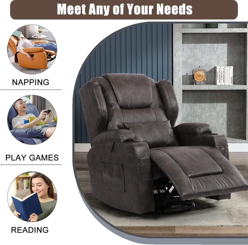 VUYUYU Manual Recliner Chair, Faux Leather 360 Degree Swivel Rocker Recliner Chairs for Living Room, Home Theater Single Sofa Seat with Drink Holders/Lumbar Pillow/Side Pockets (Black Grey), (XP7066)