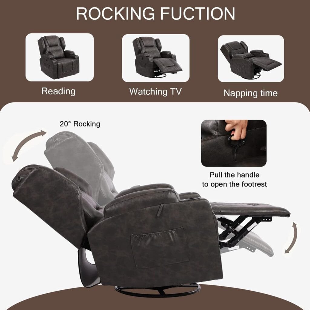 VUYUYU Manual Recliner Chair, Faux Leather 360 Degree Swivel Rocker Recliner Chairs for Living Room, Home Theater Single Sofa Seat with Drink Holders/Lumbar Pillow/Side Pockets (Black Grey), (XP7066)