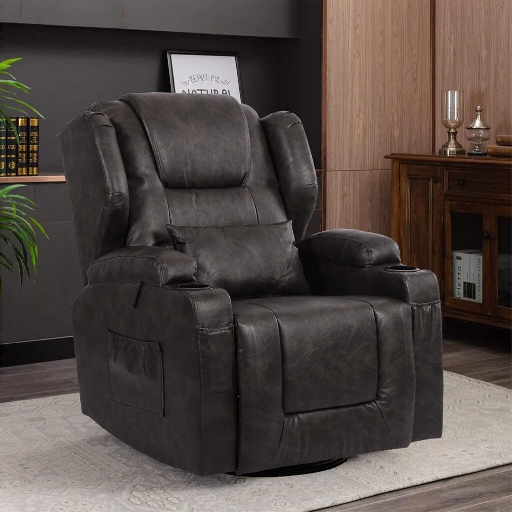 VUYUYU Manual Recliner Chair, Faux Leather 360 Degree Swivel Rocker Recliner Chairs for Living Room, Home Theater Single Sofa Seat with Drink Holders/Lumbar Pillow/Side Pockets (Black Grey), (XP7066)