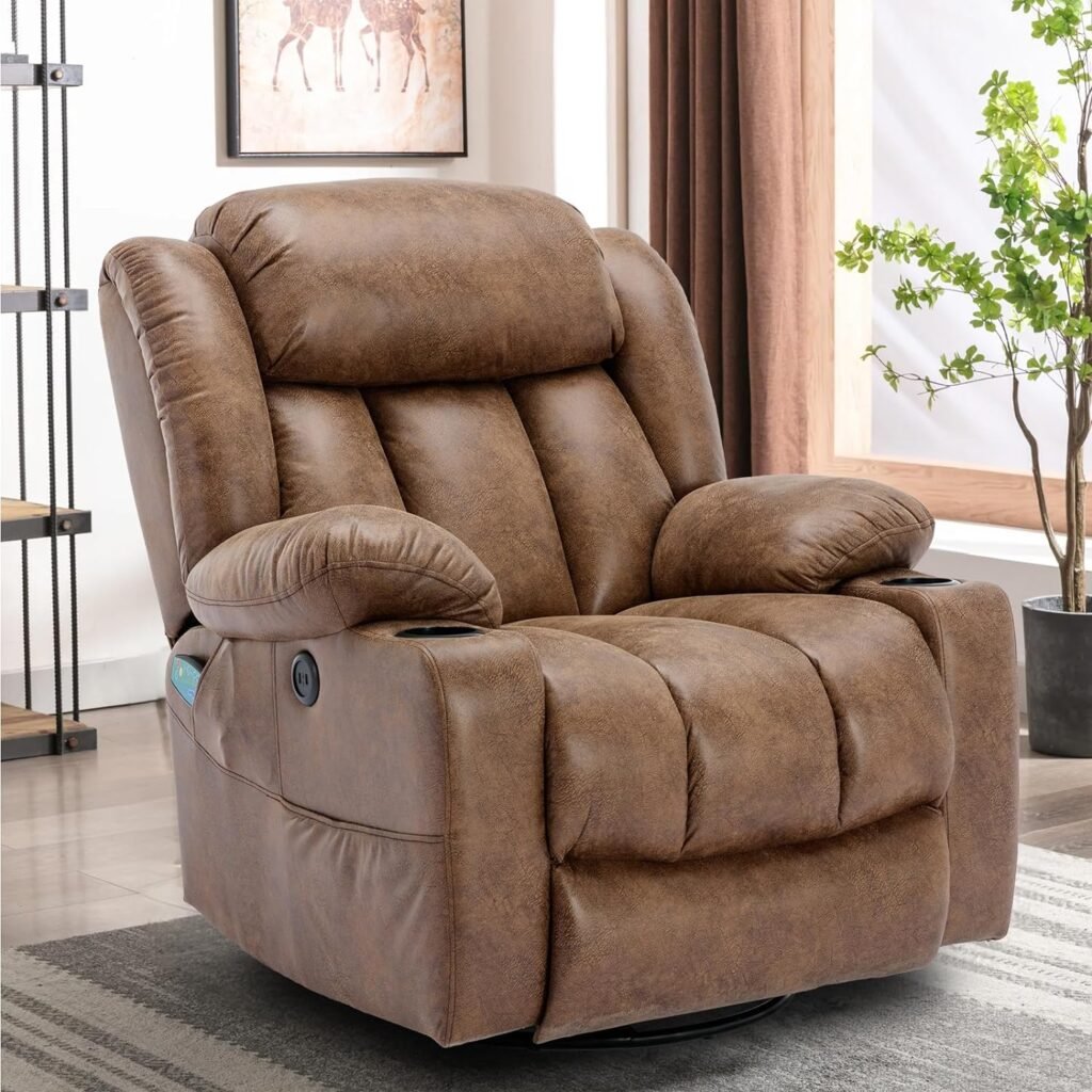 W WARMHOL 360° Swivel Glider Rocking Recliner Chair, Overstuffed Manual Massage Recliner with Heat and Vibration, Single Modern Sofa Home Seating for Living Room, USB Ports/Cup Holders (Plush-Brown)