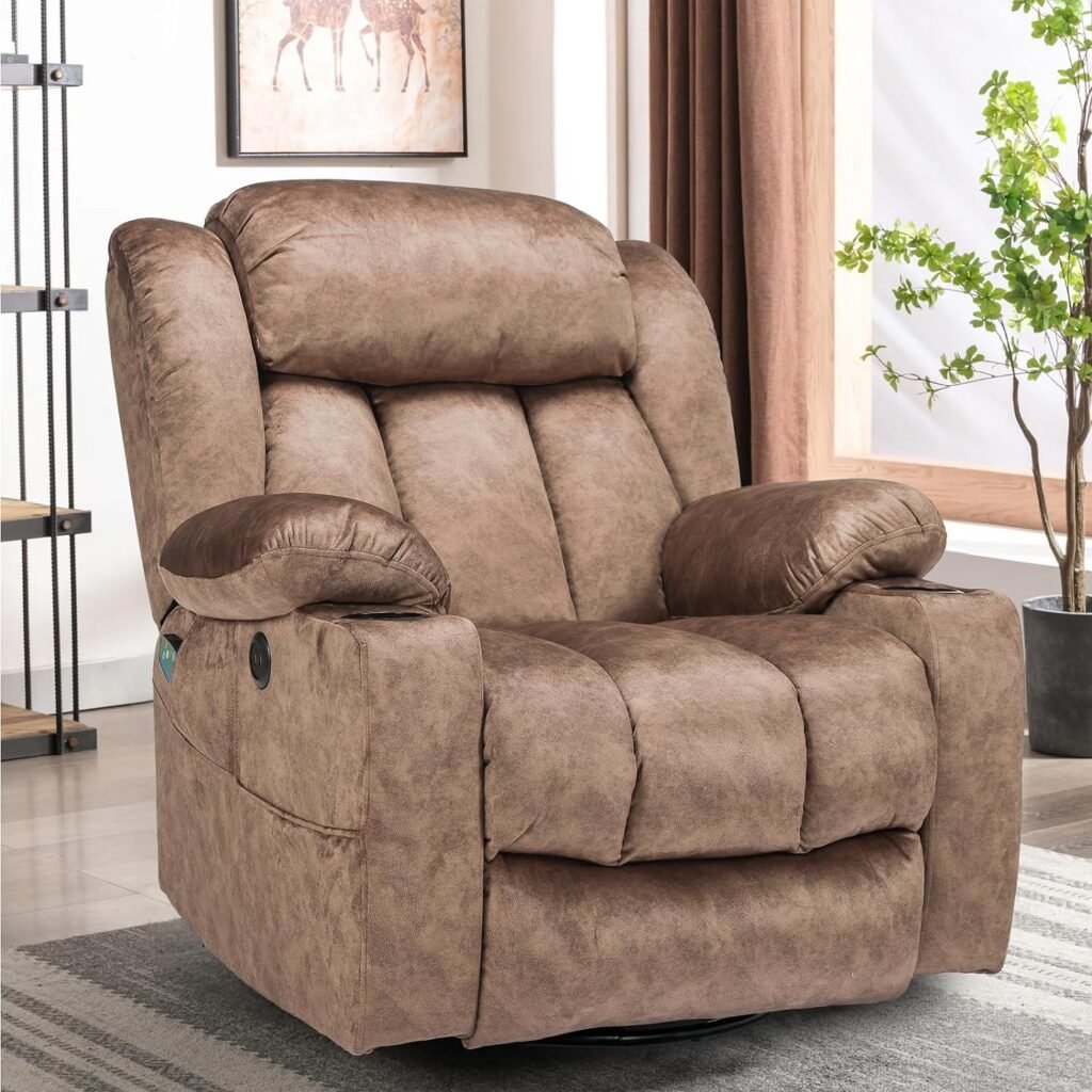 W WARMHOL 360° Swivel Glider Rocking Recliner Chair, Overstuffed Manual Massage Recliner with Heat and Vibration, Single Modern Sofa Home Seating for Living Room, USB Ports/Cup Holders (Plush-Brown)