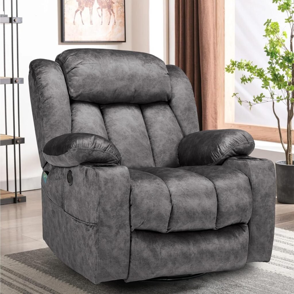 W WARMHOL 360° Swivel Glider Rocking Recliner Chair, Overstuffed Manual Massage Recliner with Heat and Vibration, Single Modern Sofa Home Seating for Living Room, USB Ports/Cup Holders (Plush-Brown)