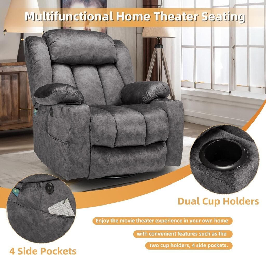 W WARMHOL 360° Swivel Glider Rocking Recliner Chair, Overstuffed Manual Massage Recliner with Heat and Vibration, Single Modern Sofa Home Seating for Living Room, USB Ports/Cup Holders (Plush-Brown)