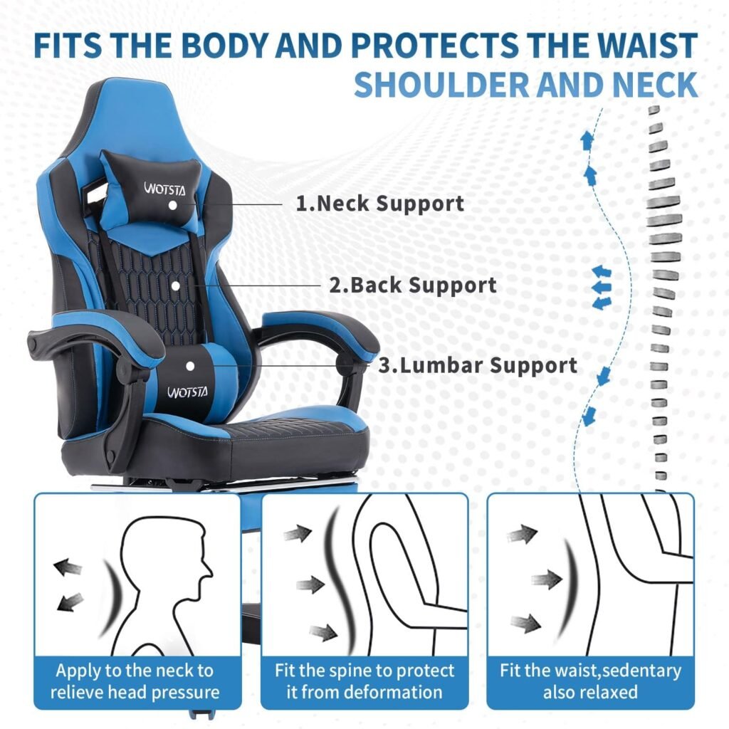 WOTSTA Gaming Chair with Footrest, Gaming Chairs PVC Leather Ergonomic Office Gamer Chair Headrest Lumbar Support Racing Style Video Gaming Chair for Office (Black Blue)