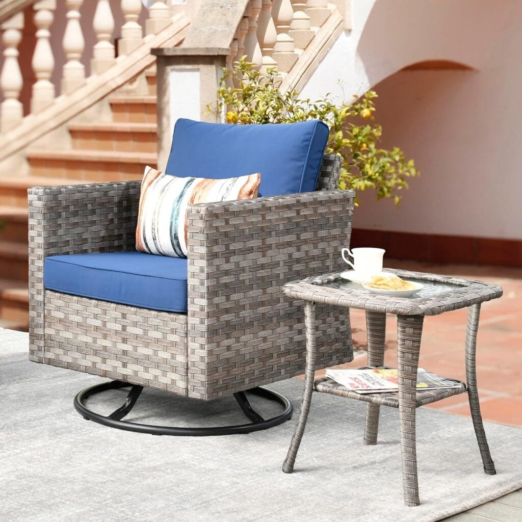 XIZZI Outdoor Rocking Chair 360 Degrees Swivel Patio Bistro Set and Matching Side Table,PE Rattan All Weather Outside Chair for Porch, Garden, and Terrace,Navy Blue : Patio, Lawn  Garden