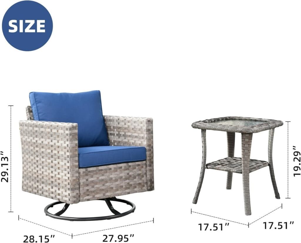 XIZZI Outdoor Rocking Chair 360 Degrees Swivel Patio Bistro Set and Matching Side Table,PE Rattan All Weather Outside Chair for Porch, Garden, and Terrace,Navy Blue : Patio, Lawn  Garden