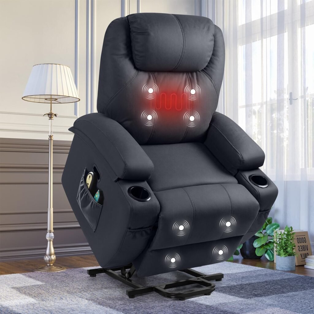 YESHOMY Power Lift Recliner Chair with Massage and Heat, Technical Fabric Sofa with Remote Control and Two Cup Holders for Living Room, Bedroom,Dark Blue