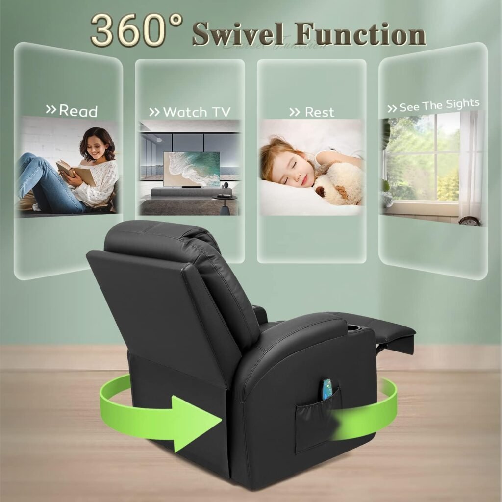 YESHOMY Swivel Rocker Recliner with Massage and Heating Functions, Sofa Chair with Remote Control and Two Cup Holders, Suitable for Living Room, PU Leather Dark Black