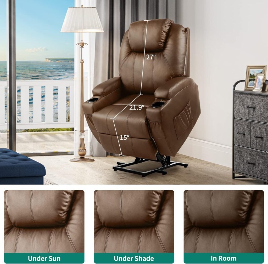 YITAHOME Power Lift Recliner Chair for Elderly, Lift Chair with Heat and Massage, Faux Leather Recliner Chair with 2 Cup Holders, Side Pockets  Remote Control for Living Room，Brown