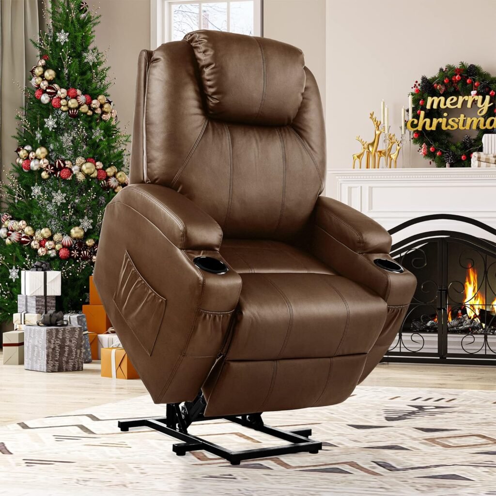 YITAHOME Power Lift Recliner Chair for Elderly, Lift Chair with Heat and Massage, Faux Leather Recliner Chair with 2 Cup Holders, Side Pockets  Remote Control for Living Room，Brown