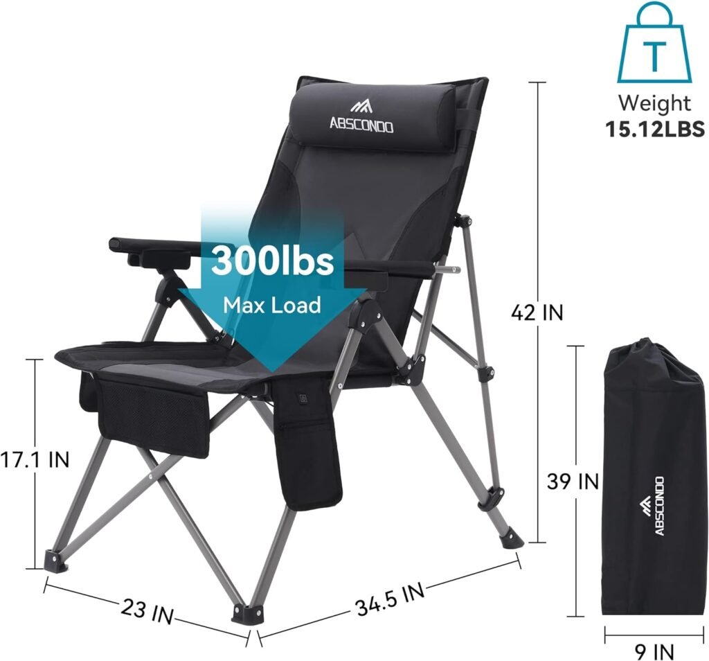 ABSCONDO Heated Camping Chair, Camping Chairs for Heavy People, Outdoor Folding Chairs with Adjustable Angled Backrest, Lawn Chairs Folding Supports up to 300lbs