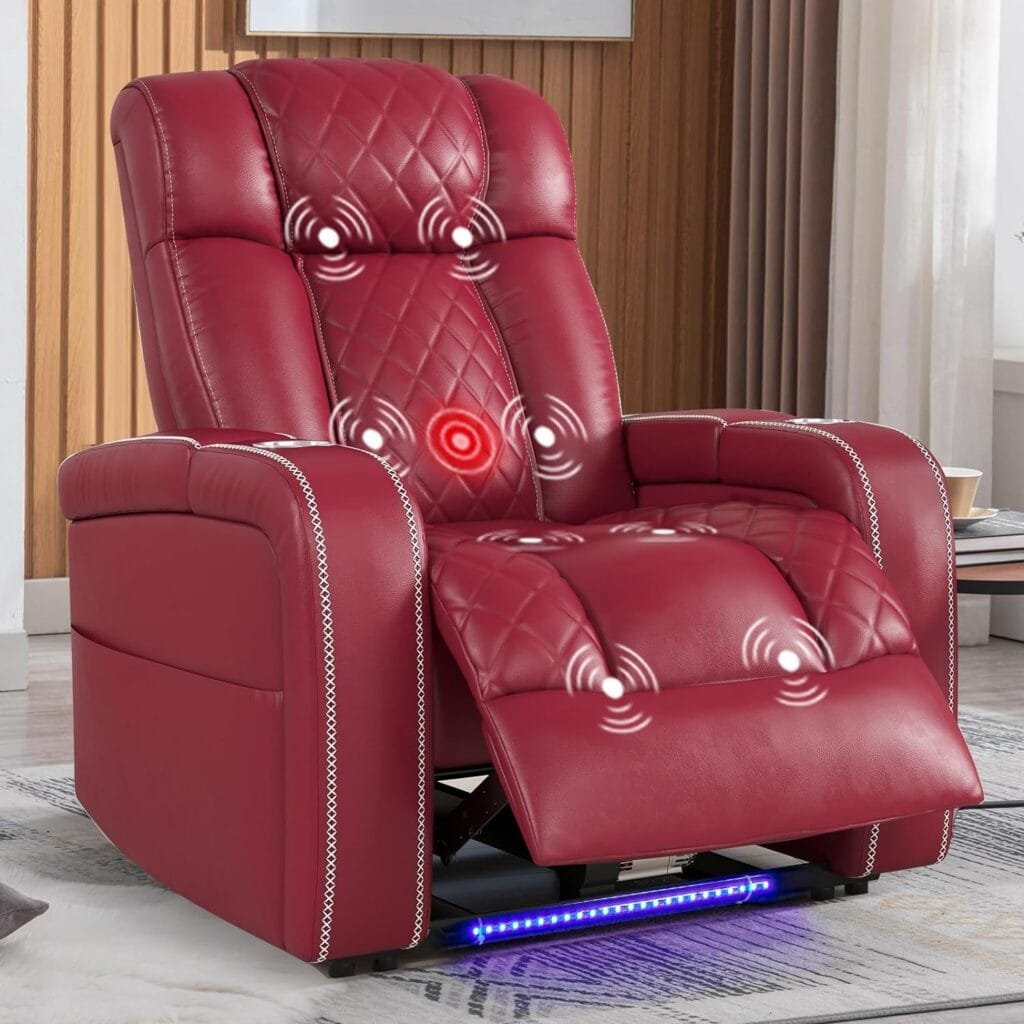 ANJ Zero Gravity Power Recliner, Faux Leather Recliner Chair with Massage and Heating, Electric Home Theater Seating with Blue LED Lights, 2 Cup Holders, USB Port, Hidden Arm Storages (Red)