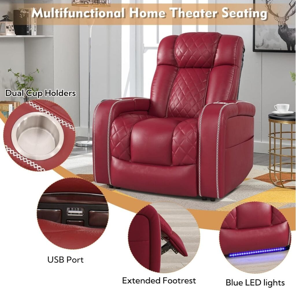 ANJ Zero Gravity Power Recliner, Faux Leather Recliner Chair with Massage and Heating, Electric Home Theater Seating with Blue LED Lights, 2 Cup Holders, USB Port, Hidden Arm Storages (Red)