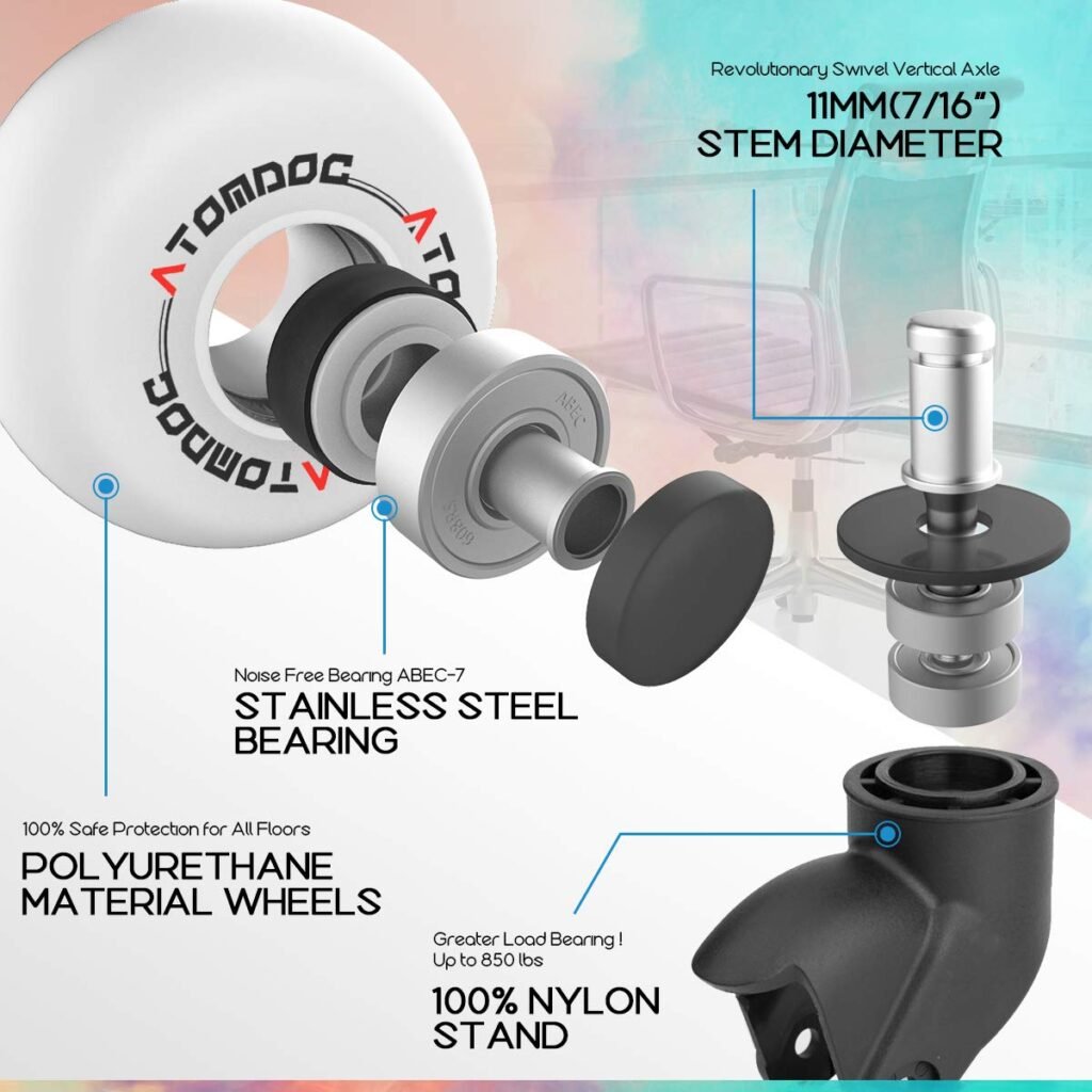 ATOMDOC 2.6 Newly Lightweight Caster Wheels, Universal Office Chair Caster Wheels, Revolutionary Swivel Vertical Axle, Heavy Duty Office Chair casters,Safe Protection for All Floors