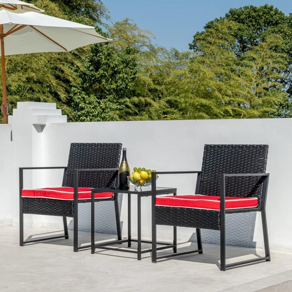 Aug-guan Patio Furniture Set,Wicker Bistro Set 3 Pieces Outdoor Furniture,Rattan Table and Patio Chairs Set for Balcony,Yard,Porch and Deck（red）