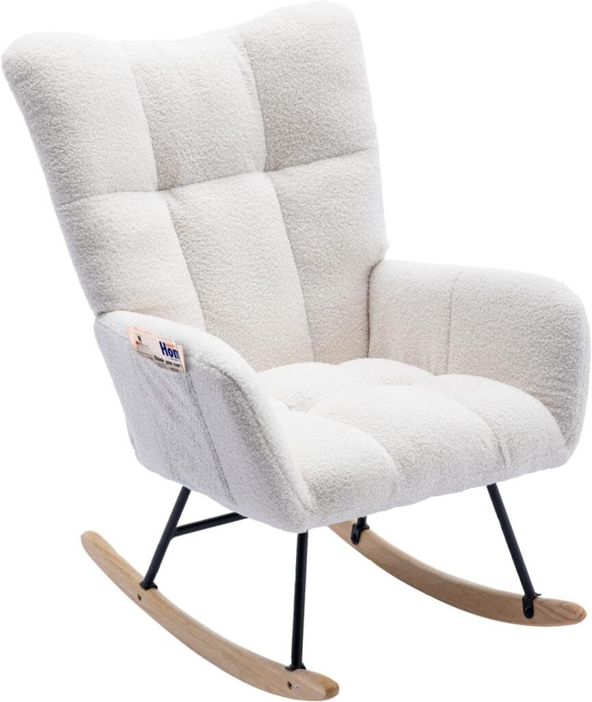 BAOMKONG Rocking Chair Soft Teddy Velvet Fabric Rocking Chair for Nursery Comfy Wingback Glider Rocker with Safe Solid Wood Base for Living Room Bedroom Balcony, White