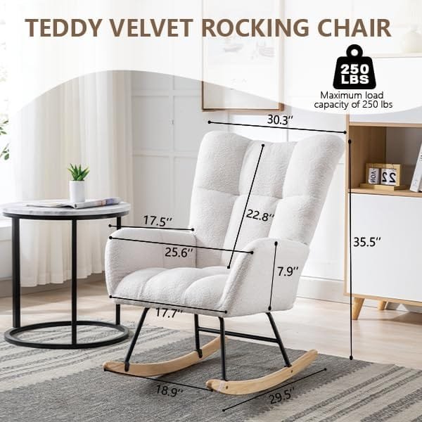 BAOMKONG Rocking Chair Soft Teddy Velvet Fabric Rocking Chair for Nursery Comfy Wingback Glider Rocker with Safe Solid Wood Base for Living Room Bedroom Balcony, White