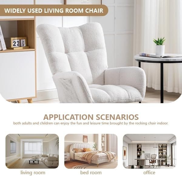BAOMKONG Rocking Chair Soft Teddy Velvet Fabric Rocking Chair for Nursery Comfy Wingback Glider Rocker with Safe Solid Wood Base for Living Room Bedroom Balcony, White