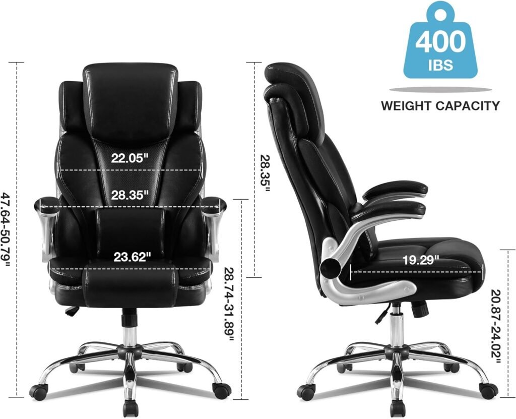 Big and Tall Office Chair High Back with Lifting Headrest, PU Leather Adjustable Height Ergonomic Office Chair Lumbar Support, Executive Computer Desk Chair Home Office Work Chairs, 400LBS