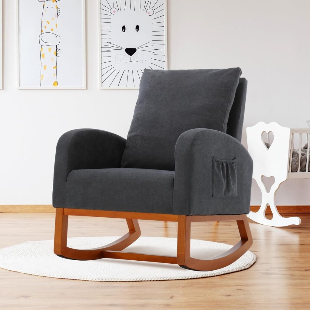 binzida Rocking Chair Nursery,Upholstered High Back Glider Chair Armchair with Side Pockets for Living Room/Bedroom-Dark Gray