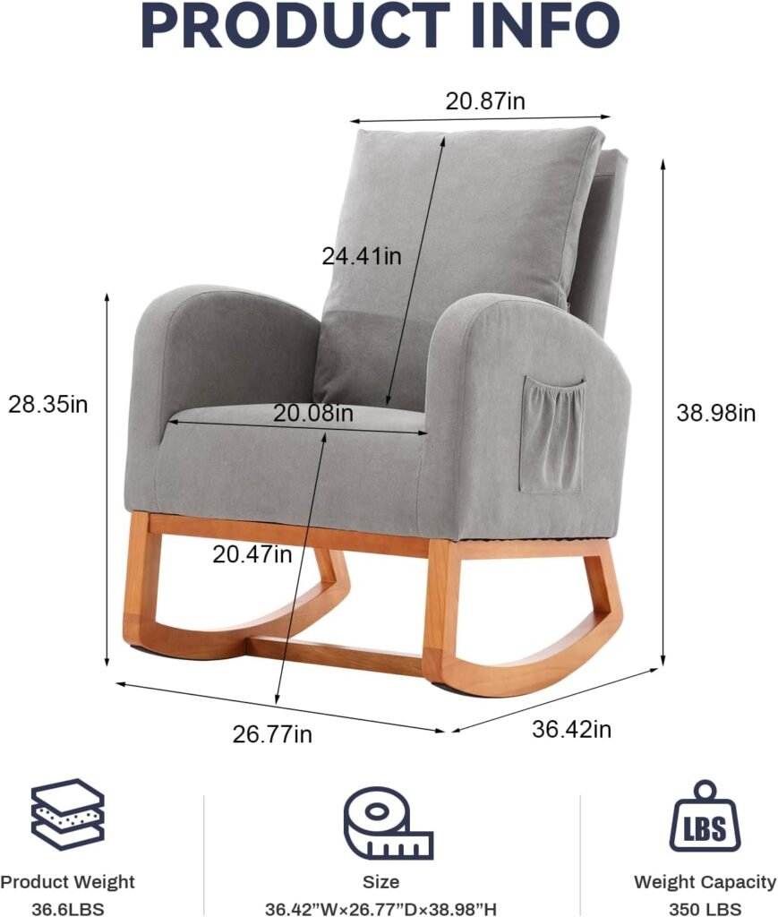 binzida Rocking Chair Nursery,Upholstered High Back Glider Chair Armchair with Side Pockets for Living Room/Bedroom-Dark Gray