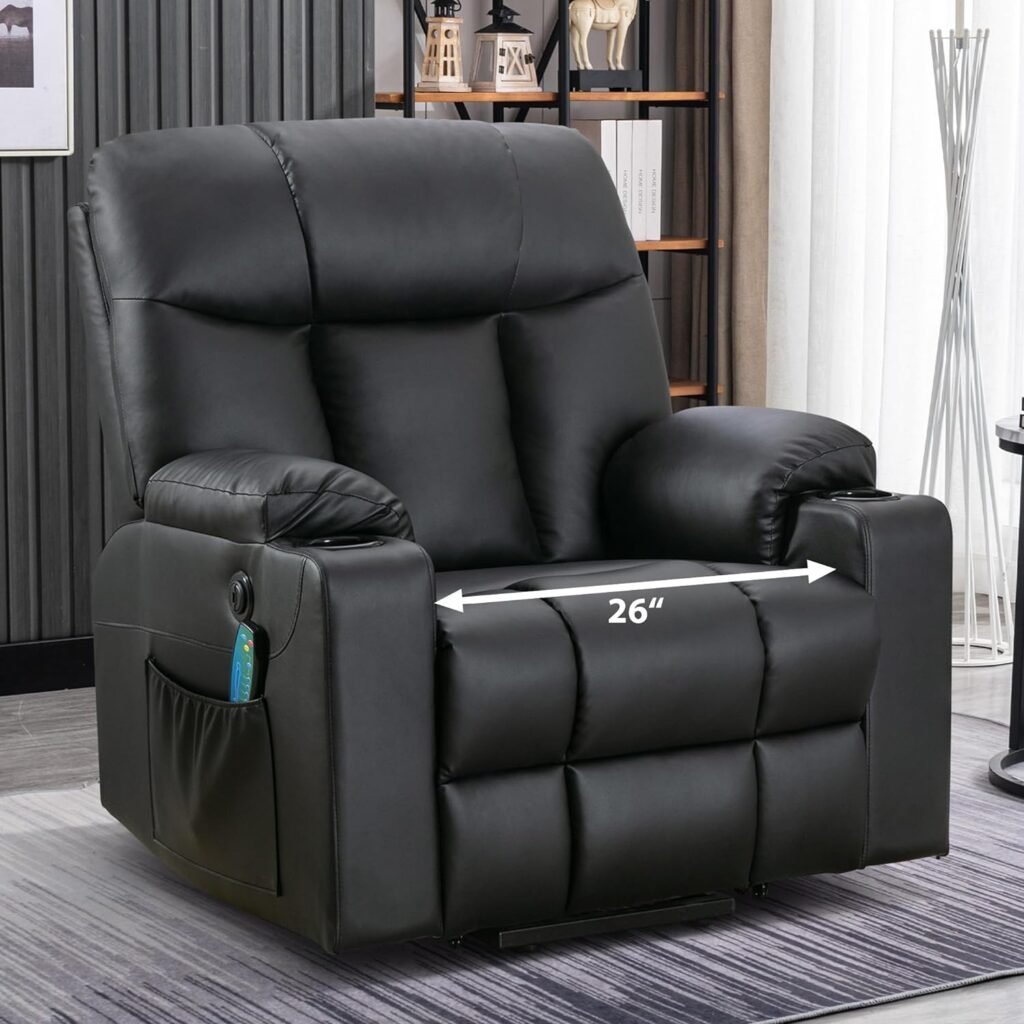 Bonzy Home 26 Extra Wide Lift Recliner Chair with Heat and Massage, Faux Leather Power Lift Chair Massage Chair for Adults Elderly, Upholstered Recliner Chairs with 2 Cup Holders, Side Pocket