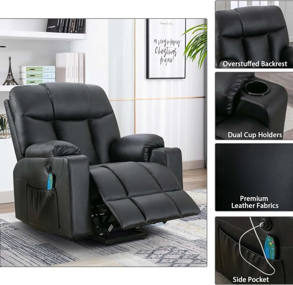 Bonzy Home 26 Extra Wide Lift Recliner Chair with Heat and Massage, Faux Leather Power Lift Chair Massage Chair for Adults Elderly, Upholstered Recliner Chairs with 2 Cup Holders, Side Pocket