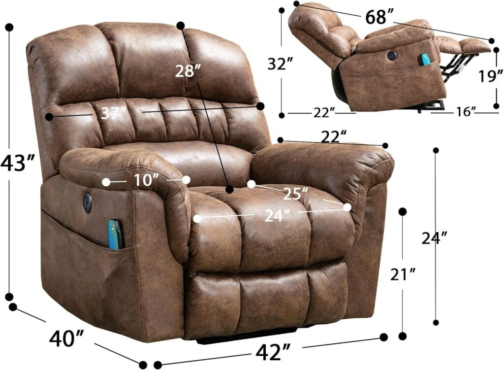 CANMOV Large Power Lift Recliner Chairs with Massage and Heat for Elderly Big People, Heavy Duty Electric Faux Leather Reclining Chairs with USB Port and 2 Side Pockets, Brown