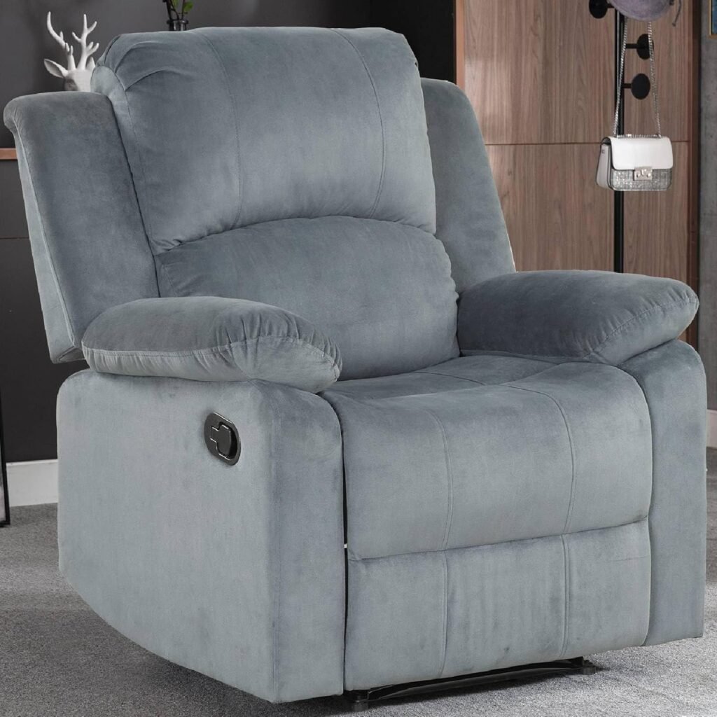 CANMOV Manual Recliner Chair, Soft Fabric Overstuffed Recliner Single Sofa Chair for Living Room, Heavy Duty and Safety Reclining Mechanism (Gray)