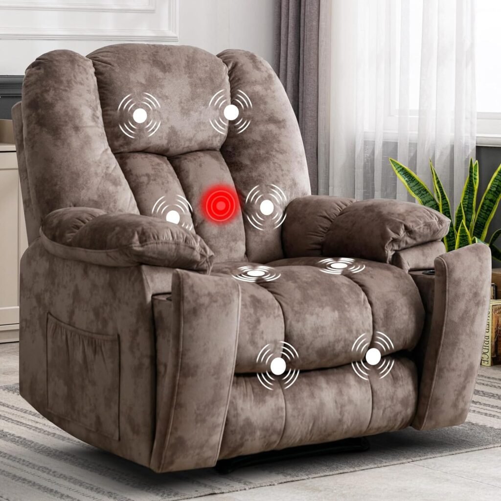 CANMOV Manual Recliner Chair with Massage and Heated, Extra Large Fabric Recliner Chair Single Sofa Chair for Living Room, Big and Tall Reclining Sofa Chair with Cup Holders, Side Pocket (Light Brown)